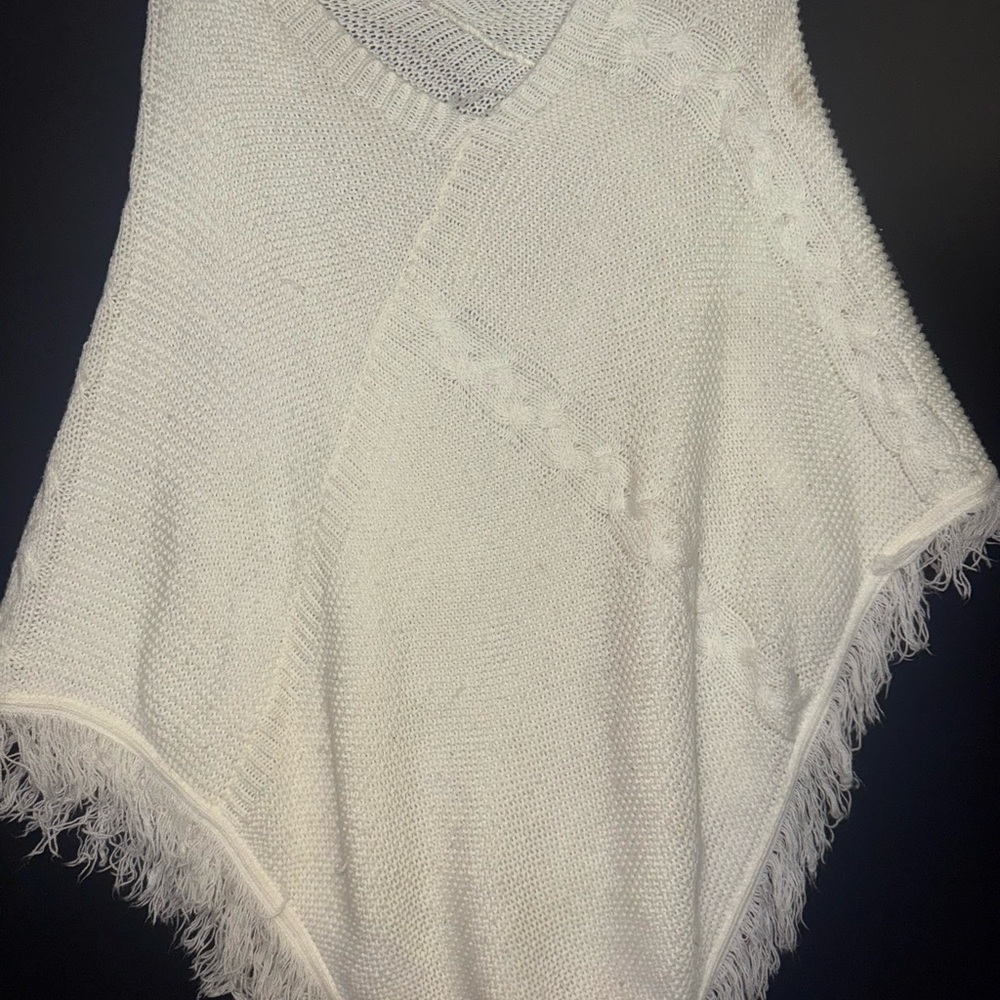 White Fringe Poncho Sweater with V-Neck